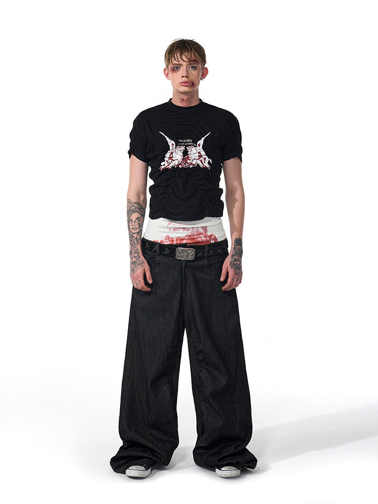 Pleating Men's Summer Printed Slim Fit Black Short Sleeve