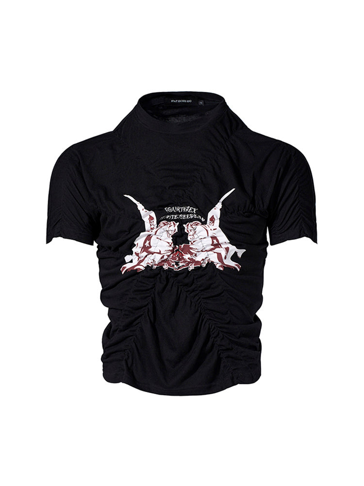 Pleating Men's Summer Printed Slim Fit Black Short Sleeve