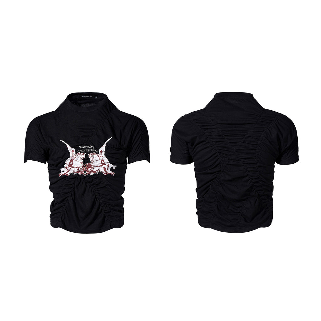 Pleating Men's Summer Printed Slim Fit Black Short Sleeve